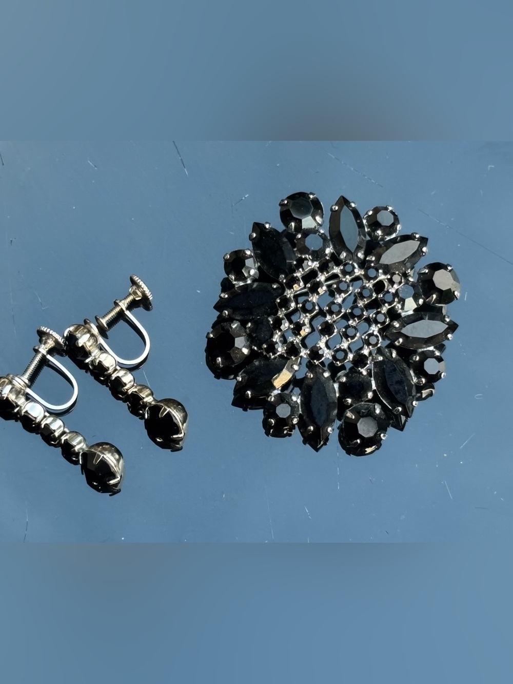 Vintage Mid-Century Tiered Jet Black Rhinestone Brooch & Earring Set